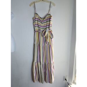 Julia Jordan Beige w/Blue Pink Yellow Strips Tiered Cotton Midi Dress size 16